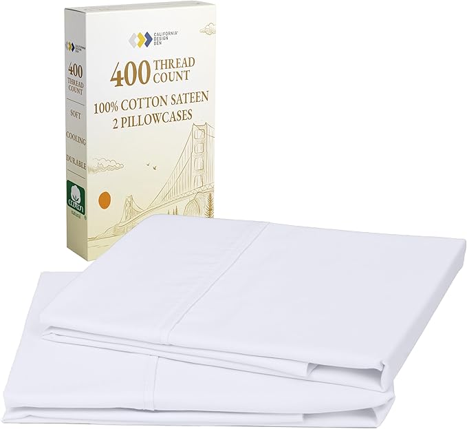 California Design Den Standard Queen Size Pillowcase Set - 400 Thread Count, 100% Cotton Sateen, Set of 2 Pillow Covers, Soft and Breathable - Bright White