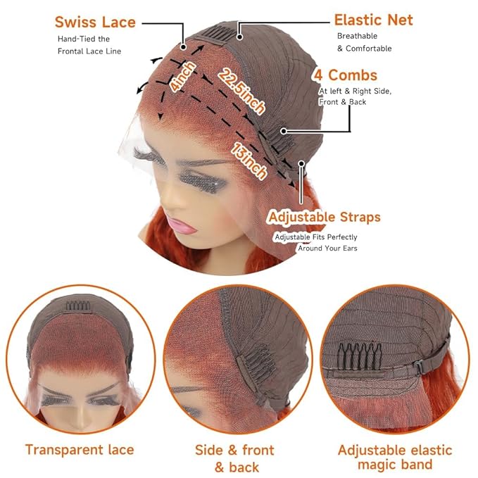 Ginger Orange Lace Front Wigs Human Hair 13x4 HD Transparent Straight Ginger Wig Human Hair Glueless Wigs Pre Plucked With Baby Hair 350 Colored 180% Density Ginger Wig 22 inch