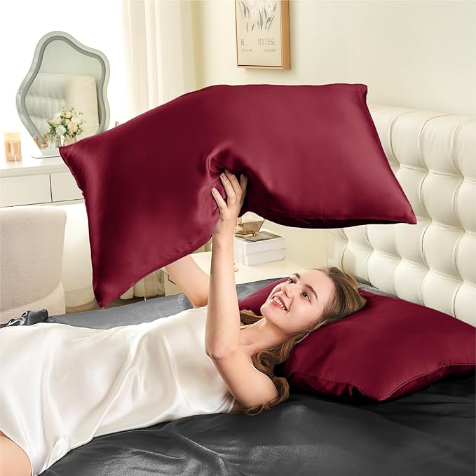 INFIIXSO Mulberry Silk Pillowcase for Hair and Skin, Silk Pillow Cases Queen Size with Hidden Zipper 20x30 Inches, Super Smooth and Soft Cooling Pillow Cases for Hot Sleepers(Burgundy, 1 Pack)