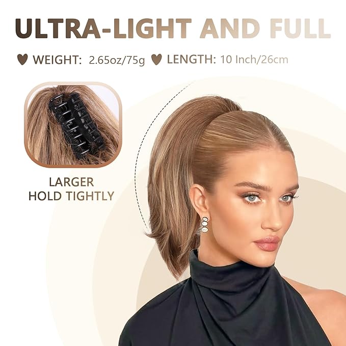 10 Inch Ponytail Extension - Straight Pony Tails Hair Extensions, Claw Clip Ponytail Extension, Synthetic Hair Extensions Ponytail, Clip in Ponytail (Color: Brown with Blonde Highlights)