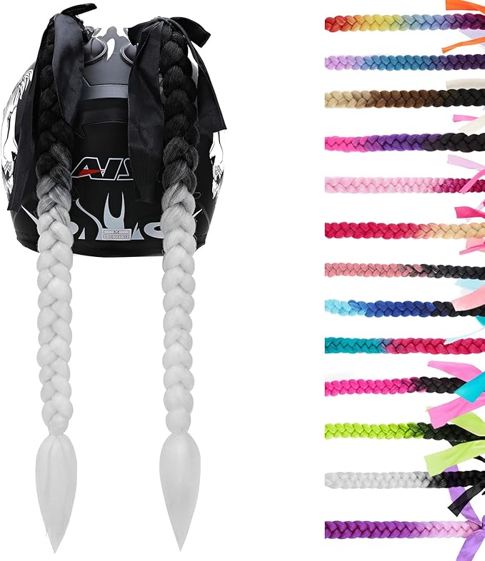 SEGO 1PCS/2PCS Helmet Pigtail Braids with Detachable Suction Cup Bowknot Ponytail Hair Many Colors (Helmet not Included)