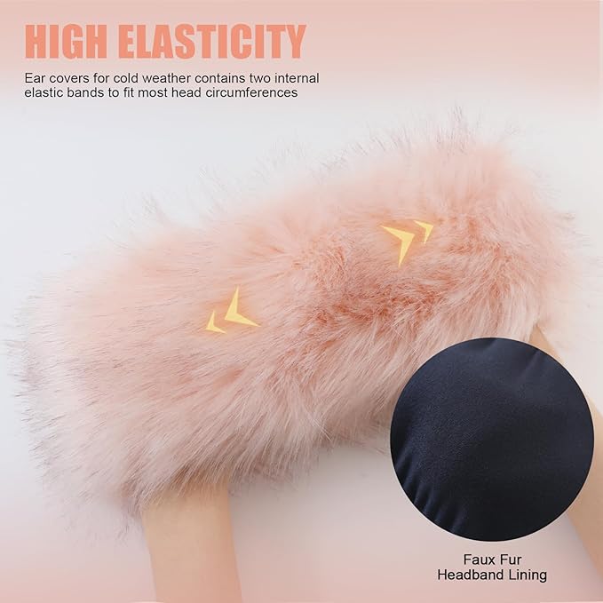 Faux Fur Headband for Women Elastic Fuzzy Thick Earmuffs Winter Headwrap Ear Muffs Furry Ear Warmers Cold Weather (Pink)