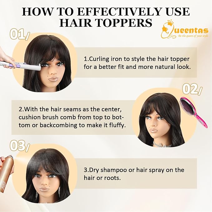QUEENTAS 22" Curly Hair Topper for Women with Thinning Hair Daily Wear 360°3D Cover Up 6.5"*6" Fluffy Brown Wavy Hair Pieces with Bangs(Dark Brown)