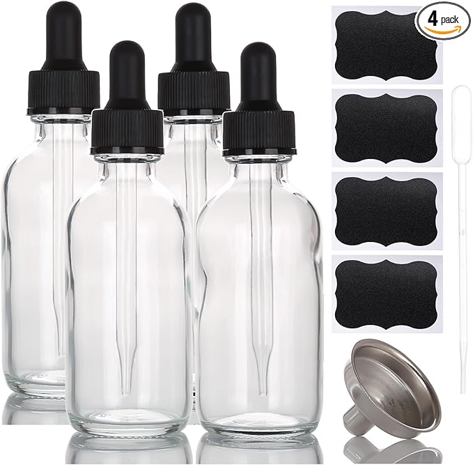 2 oz Glass Dropper Bottles,4 Pack 60ml Empty Reusable Leak Proof Thick Tincture Bottles for Essential Oils,Hair Oil,Liquids,Laboratory,Pharmacist Bottle,Massage,Perfumery Aromatherapy