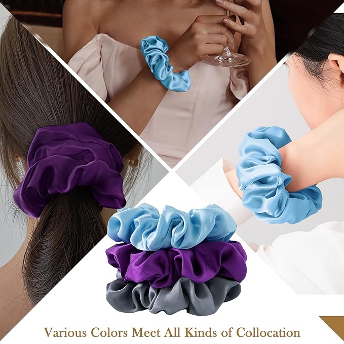 Large Silk Hair Scrunchies, 100% Mulberry Silk, No Damage for Frizz Prevention, Sleep and Night Scrunchie, Hair Accessories for Women - 3 Count (Violet, Metallic Gray, Light Blue)