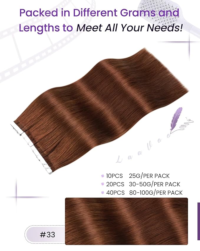 LaaVoo Tape in Hair Extensions Auburn Brown Hair Extensions Tape in Human Hair Real Hair Tape on Extensions Silky Straight Hair 50g 20pcs 16inch