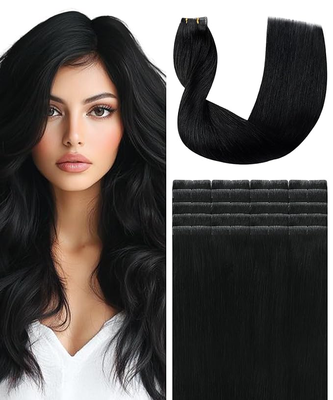 SURNEL Injected Tape in Hair Extensions 14 Inch Natural Real Human Hair Extension Jet Black Upgraded Seamless Remy Invisible Tape in Extensions 20Pcs 30g(#1,14)