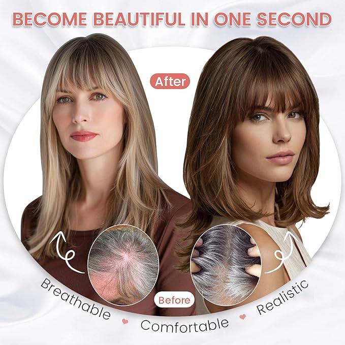 YAMI Human Hair Toppers for Women with Thinning Hair Topper with Bangs Upgrade Swiss Base 10inch Hairpiecees for Women with Hairloss (Medium Brown Mix Blonde with Dark Brown Root)