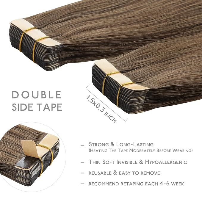 WENNALIFE Tape in Hair Extensions Human Hair, 20pcs 50g 24 inch Light Ash Brown Remy Hair Extensions Straight Human Hair Tape in Extensions Skin Weft Tape Extensions Human Hair