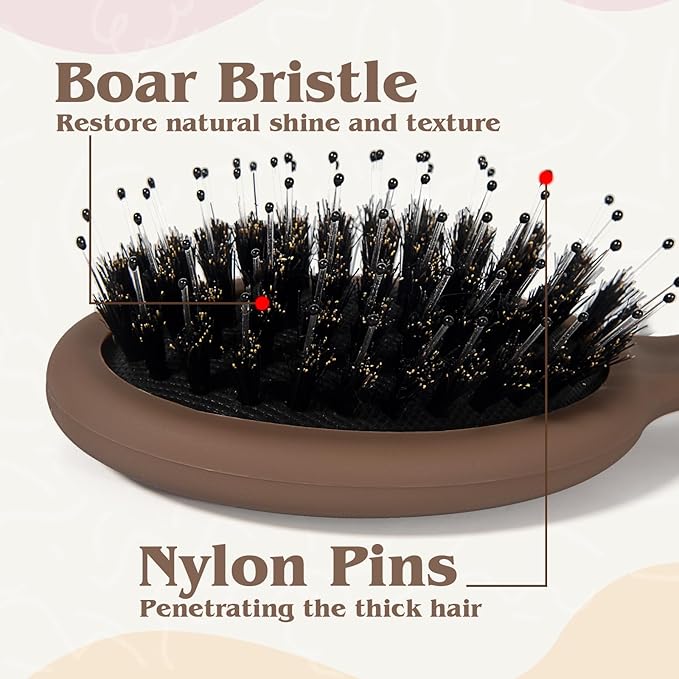 Mini Boar Bristle Hair Brush - Boar & Nylon Bristle Small Brush for Women Kids Long Short Hair to Smooth Add Shine - Travel Size Hair Brush for Purse,Pocket - Brown