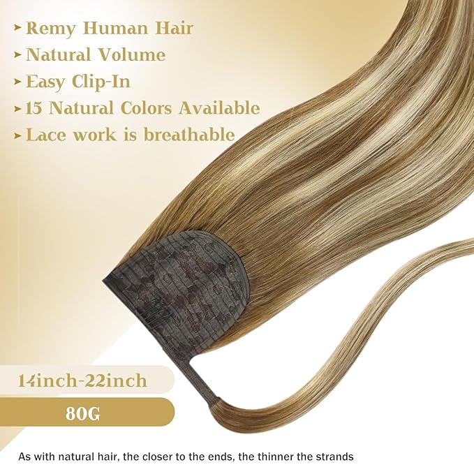 Ve Sunny Hair Extensions Ponytail Real Human Hair Wrap Around Clip in Ponytail Hair Extensions Straight Extensions Human Hair for Women Chestnut Brown Ombre Platinum Blonde Balayage 22inch 80G