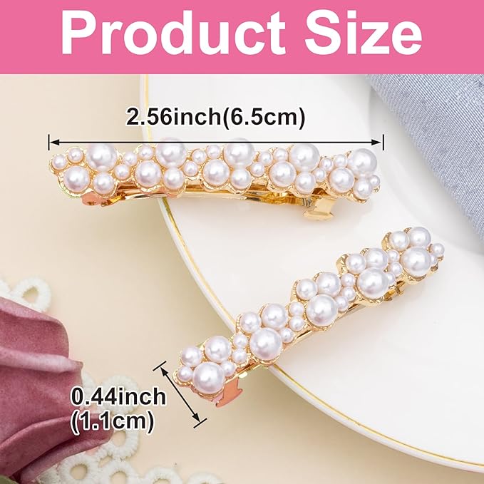 2 Pcs Pearl Hair Clips, Pearl-Embellished Barrette, Elegant Pearls Barrettes for Women, Party, Wedding, Daily Use, Graduation (Gold)
