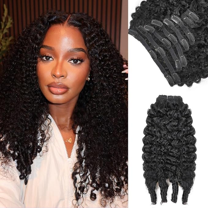 Burmese Curly Clip in Hair Extensions Real Human Hair, 8Pcs Remy Human Hair Clip in Extensions for Women, Natural Soft Human Hair, 120g 16inch #1B Natural Black
