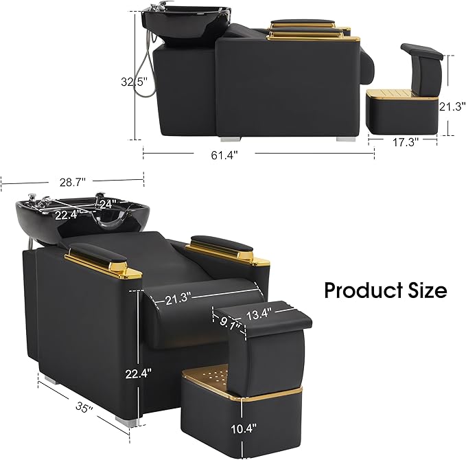 BarberPub Backwash Shampoo Station Chair with Porcelain Ceramic Hair Wash Bowl, Vacuum Breaker, Professional Black&Gold Shampoo Chair and Bowl Unit for Salon and Spa 8613 (Black)