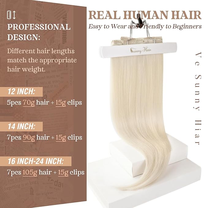 Ve Sunny Clip in Human Hair Extensions Platinum Blonde Clip in Hair Extensions Real Human Hair Short Straight Hair Extensions Clip ins for Daily Use 100g 14inch 7pcs
