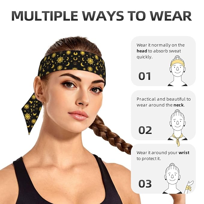 Men Women Sports Sweat Bands, Multifunction Long Head Ribbon for Yoga Workout Shower, Fashion Sun Moon Star Gold Black Headwear Hair Decor