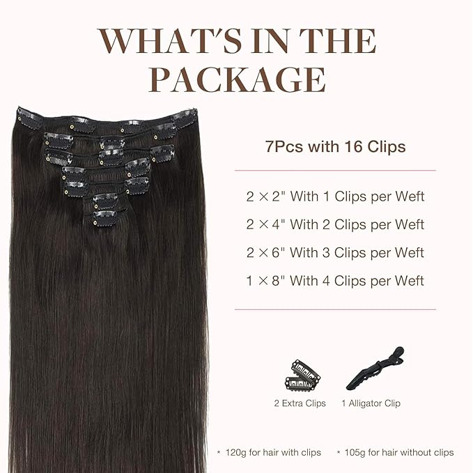 GOO GOO Clip in Hair Extensions Real Human Hair, Remy Human Hair Extensions Clip ins for Women, Natural Human Hair, 12inch 85g 7Pcs, 2 Dark Brown