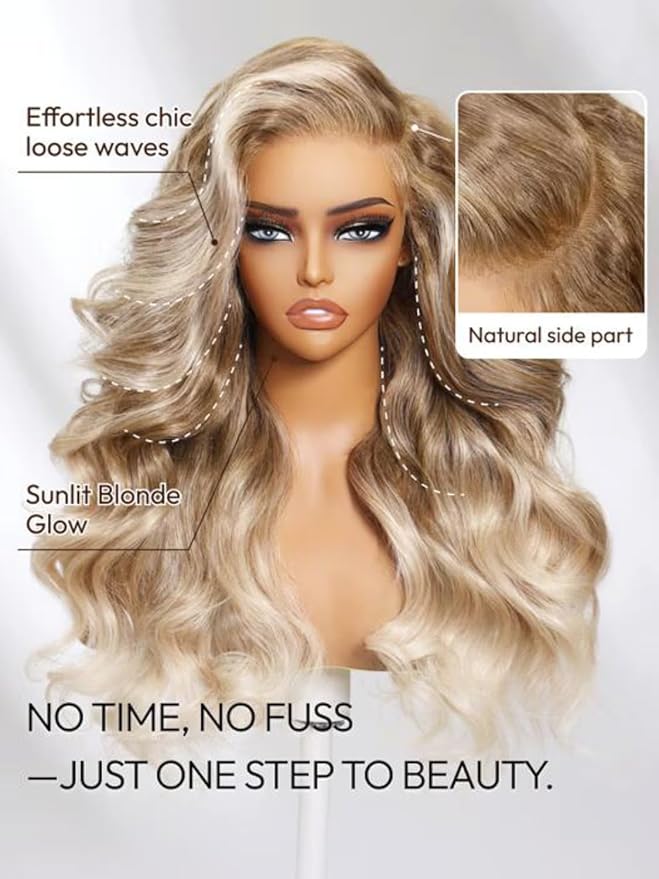 KLAIYI Ombre Ash Blonde Loose Body Wave Pre Everything Glueless 13x4 Lace Front Wigs Human Hair Balayage Precut Pre Plucked Bleached Bye Bye Knots 30S Ready to Wear and Go Wig Beginner Friendly 18Inch