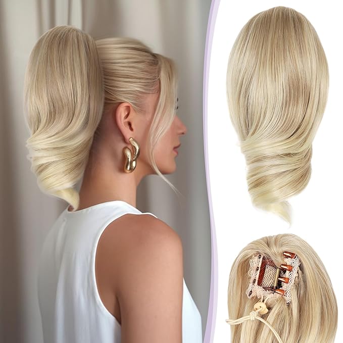 Claw Clip Ponytail Extension - 12 Inch Soft Curly Pony Tails Hair Extensions, Synthetic Hair Extensions Ponytail, Clip in Ponytail (Color: Medium Blonde With Bleach Blonde Ends)