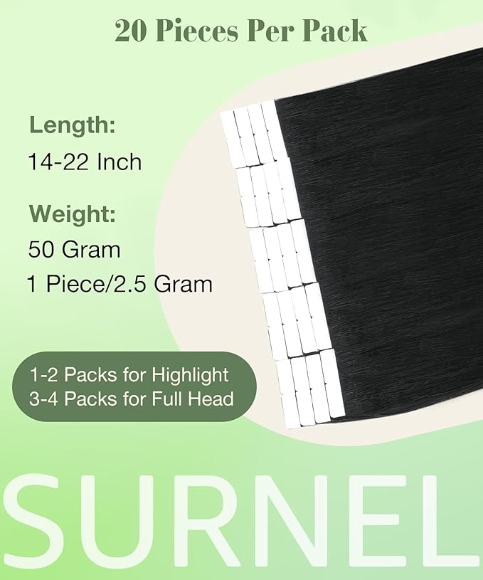 SURNEL Tape in Hair Extensions Straight Remy Tape in Hair Extensions Human Hair Color 1 Jet Black 18 inch 20pcs 50g(#1-18)