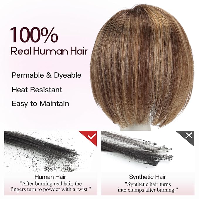 EMMOR Human Hair Toppers for Women Short Bob Real Hair with Bangs 10" Side Part Hairpieces for Women with Thin Hair 6.5" × 6.5" Larger Base Human Wig Toppers(Mixed Brown)