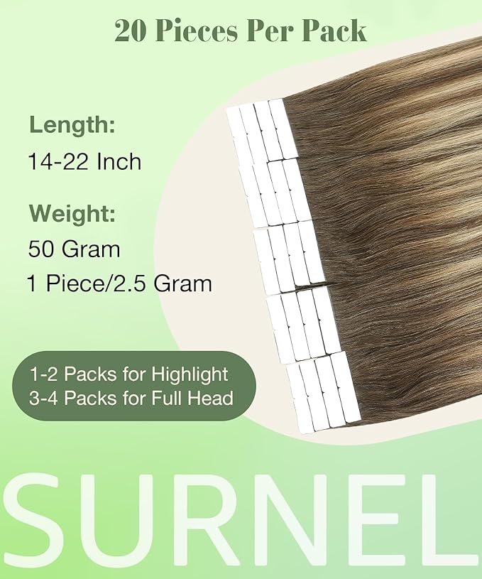 SURNEL 22 inch Tape in Hair Extensions Balayage #4/27/4 Chocolate Brown to Caramel Blonde Tape in Hair Extensions Human Hair 50g(#4/27/4-22)