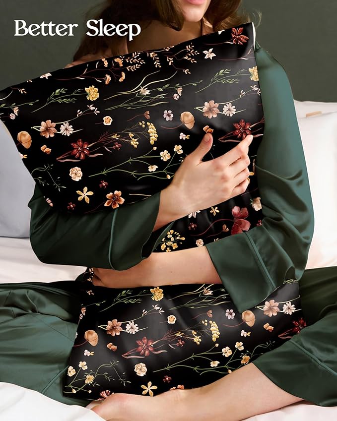 2 Pack Mulberry Silk Pillowcase for Hair and Skin - Standard Size 20 x 26 Inches with Hidden Zipper BK Grow Flower 19 Momme Soft Sleeping Silk Pillow Case for Women, Moms