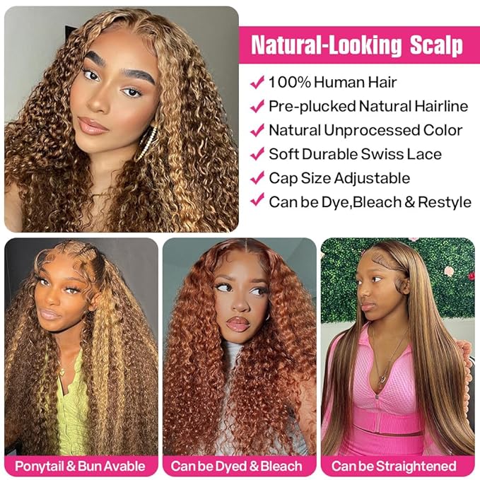 CYNOSURE 30 Inch 4/27 Highlight Deep Wave Lace Front Wigs Human Hair 13x5 Ombre Honey Blonde Jerry Curly Wig HD Transparent Lace Frontal Wigs Pre Plucked with Baby Hair 180% Density