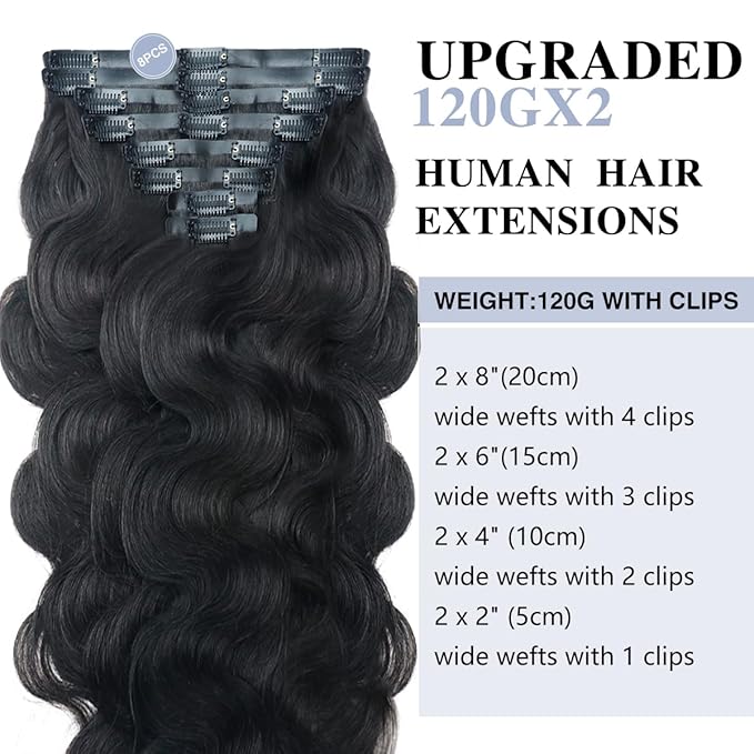 2 Pack 240g Body Wave Seamless Clip in Hair Extensions 16Pcs Full Head 15A Real Human Hair Clip ins with PU Skin Weft 24inch Natural Black