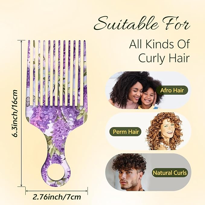 2 Pcs Afro Pick Comb for Natural Curly Hair,Portable Styling Hair Pick for Travel,Anti-Static,Cute Afro Comb for Women Men and Girls(Purple-T6)