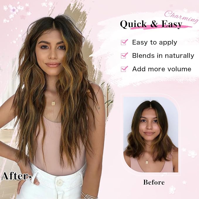 Clip in Hair Extensions for Women, 20 Inch Chestnut Brown Hair Extensions Mix Blonde, 8PCS Long Wavy Clip Ins, Synthetic Airy and breathable Hairpieces for Women