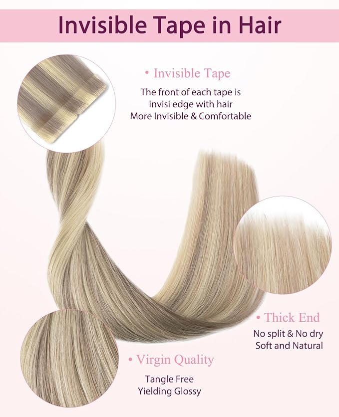 Pinkpearl Invisible Tape in Hair Extensions Human Hair, 20pcs 22inch 60g #18P60 Ash Blonde Highlighted Platinum Blonde Injection Tape in Extensions Real Remy Seamless Human Hair Injected