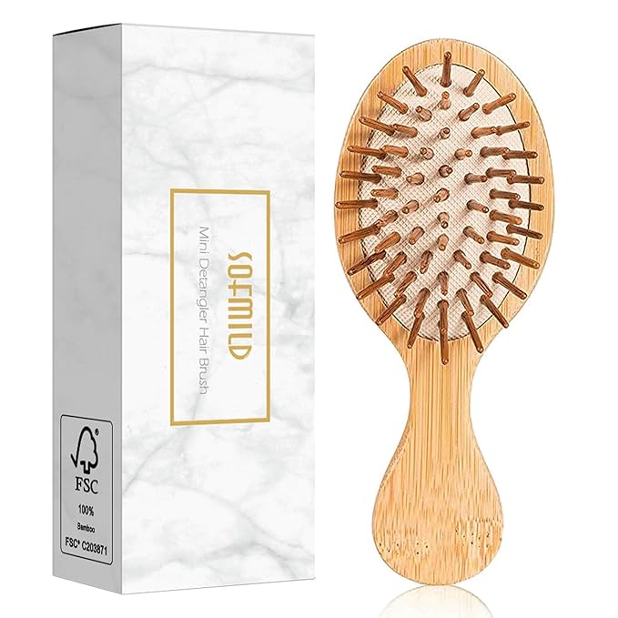 Sofmild Mini Detangling Hair Brush for Women/Kids Wet Curly Hair - Small Compact Travel Size Bamboo Brush for Purse, Vacation & Car, All Hair Types