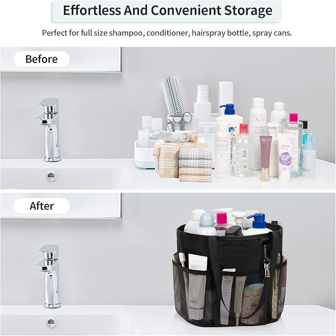 Mesh Shower Caddy Portable, Large Capacity Shower Bag Quick Dry Bathroom Tote, Travel Toiletry Bag Organizer with 6 Pockets for Dorm Room, Gym, Bathroom, Swimming, Camping, Beach, Travelling