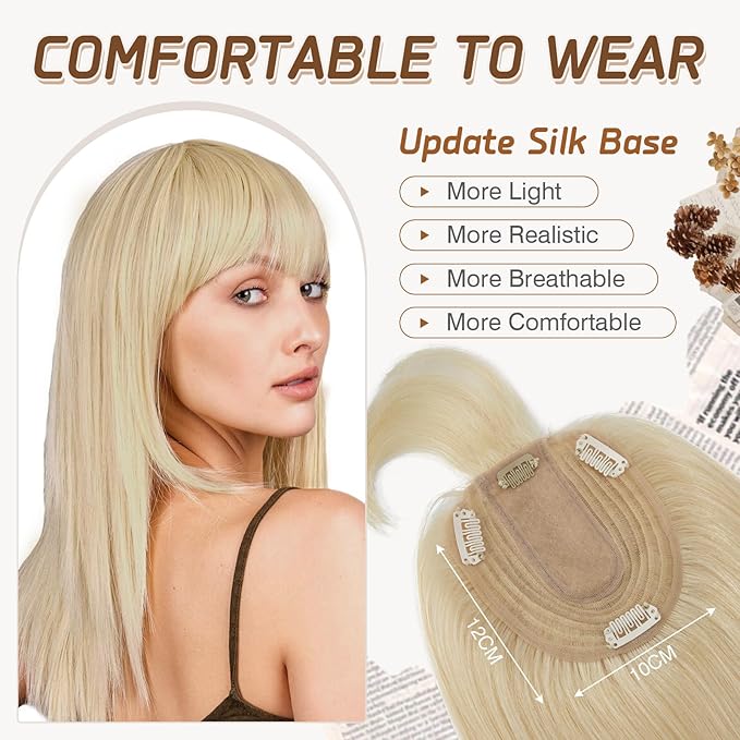 Rich Choices Real Human Hair Toppers for Women With Bang 100% Remy Human Hair Topper for Thinning Hair Clip in Silk Base Hair Topper 14 Inch #613 Bleach Blonde