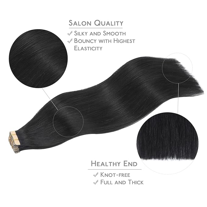 WENNALIFE Tape in Hair Extensions Human Hair, 20pcs 50g 20 inch Jet Black Remy Hair Extensions Straight Human Hair Tape in Extensions Skin Weft Tape Extensions Human Hair