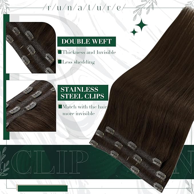 RUNATURE Clip in Hair Extensions Brown, Real Human Hair Clip in Extensions, Short Hair Extensions Clip Ins, Double Weft Remy Natural Hair, Can be Styled, 12 Inch 50g 3pcs #2 Dark Brown