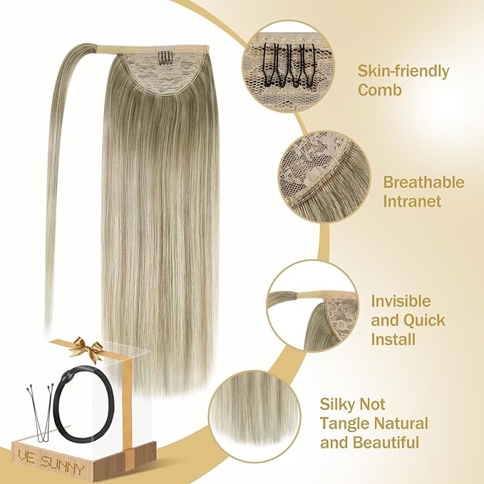 Ve Sunny Hair Extensions Ponytail Real Human Hair Wrap Around Clip in Ponytail Hair Extensions Straight Extensions Human Hair for Women Ash Grey Balayage Platinum Blonde 18inch 80G