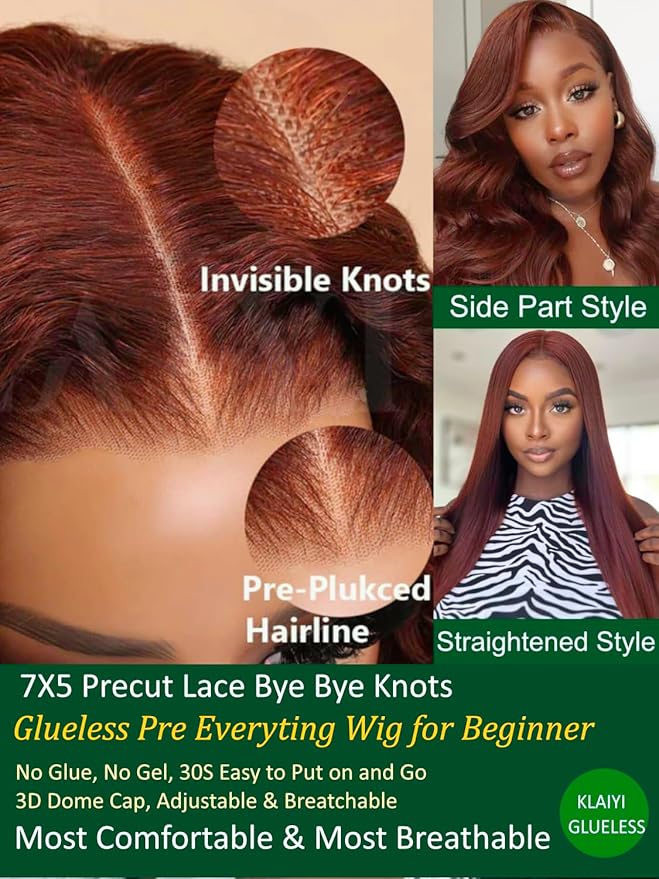 KLAIYI Bye Bye Knots Glueless Wig Reddish Brown Body Wave 7x5 Pre Cut HD Lace Front Wigs Human Hair Put On And Go Wig Pre Bleached Pre Plucked with Baby Hair 30S Ready To Wear 150% Density Full 18Inch