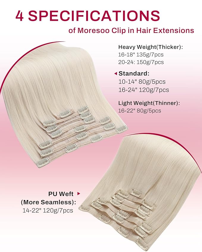 Moresoo Seamless Clip on Hair Extensions Lightest Blonde Straight Human Hair Clip in Full Head Extensions #60A 7Pcs 120G 16inch