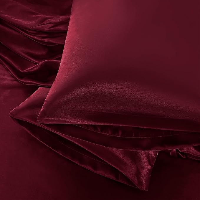 Aormenzy Satin Pillow Cases for Women Standard Size Set of 2, Burgundy Satin Pillowcase for Hair with Envelope Closure Silky Pillow Covers Wrinkle, Fade Resistant (20x26 Inches)