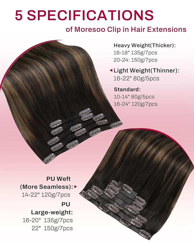Moresoo Clip in Hair Extensions Real Human Hair Balayage Dark Brown with Chestnut Brown 5pcs 80g Remy Straight Invisible Double Weft Ombre Human Hair Clip in Extensions 20inch