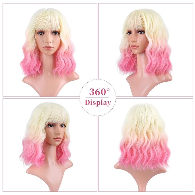 FAELBATY Short Pink Ombre Wig With Bangs - Bob Synthetic Wig for Women, Cosplay & Halloween - 12" (613/Pink)