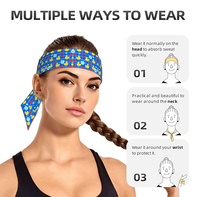 Men Women Fashion Sports Sweat Bands Hand Decor for Running Fitness Shower, Long Multi Style Cute Funny Bubbles Hearts Yellow Rubber Ducks Head Ribbon Headwear