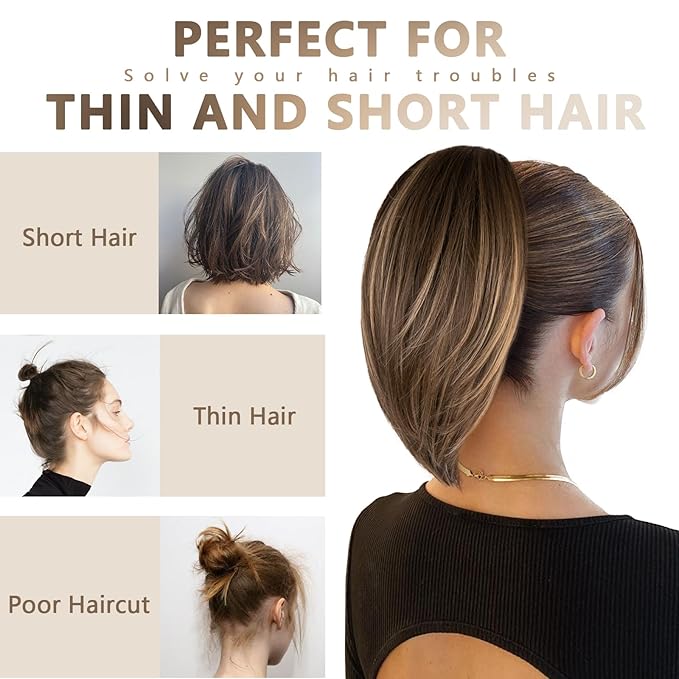 10 Inch Short Ponytail Extension - Soft Straight Pony Tails Hair Extensions, Claw Clip Ponytail Extension, Natural Short Synthetic Hair Pieces for Women (Color: Light Ash Brown Mixed White)