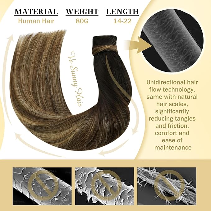 Ve Sunny Hair Extensions Ponytail Real Human Hair Wrap Around Clip in Ponytail Hair Extensions Straight Extensions Human Hair for Women Black Ombre Dark Brown Balayage Caramel Blonde 16inch 80G