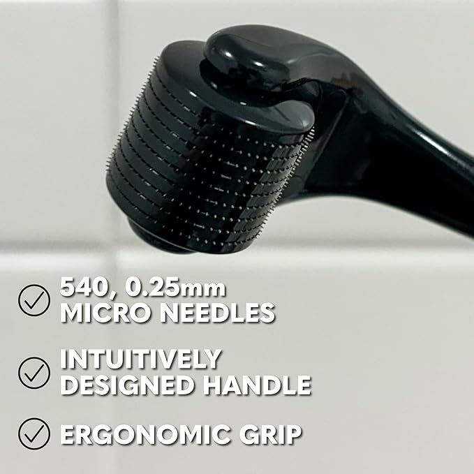 The Beard Club Derma Roller for Face, Body and Scalp - Microneedling for Men and Women with 540 Titanium Microneedles - Beard Roller & Micro Needling Scalp Hair - Black & Yellow