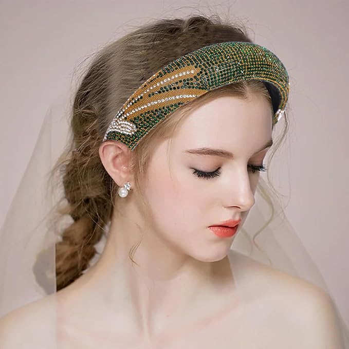 Sparkle Wide Headband for Women Fashion Green Rhinestone Headbands Dressy Glitter Headband Comfortable High Elastic Head Band Hairband Hair Hoop Hair Accessories for Women