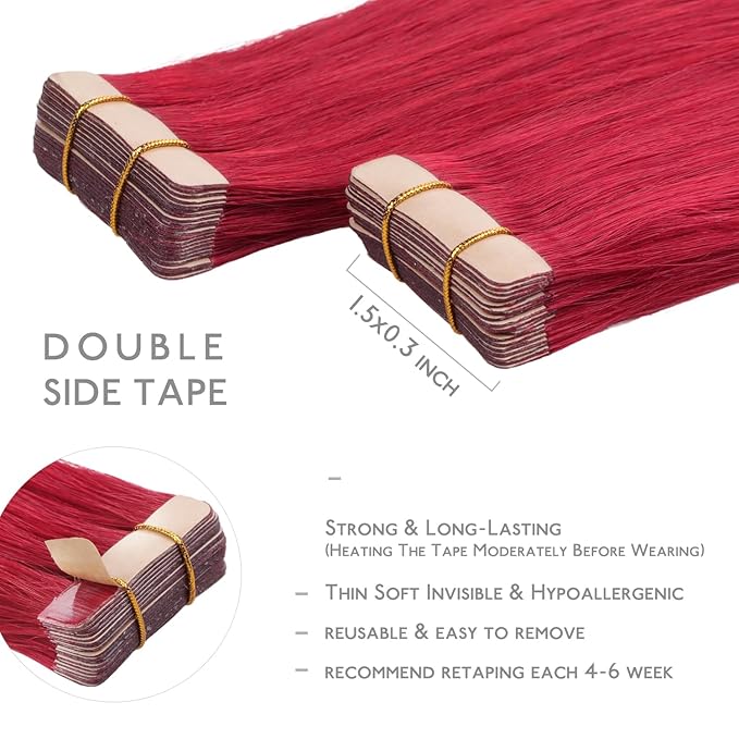 WENNALIFE Tape in Hair Extensions Human Hair, 20pcs 40g 12 inch Red Remy Hair Extensions Straight Human Hair Tape in Extensions Skin Weft Tape Extensions Human Hair