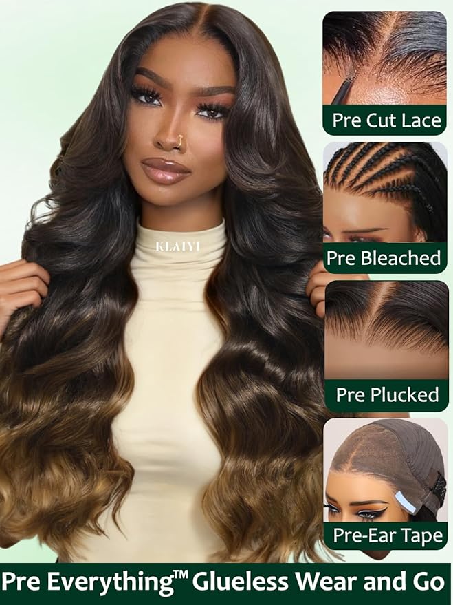KLAIYI Ombre Brown Loose Body Wave 13x4Pre Everything Lace Frontal Chestnut Brown Drawstring Wig with Face Framing Layers Precut Lace Pre Plucked Bleached Bye Bye Knots Ready to Wear and Go Wig 18Inch